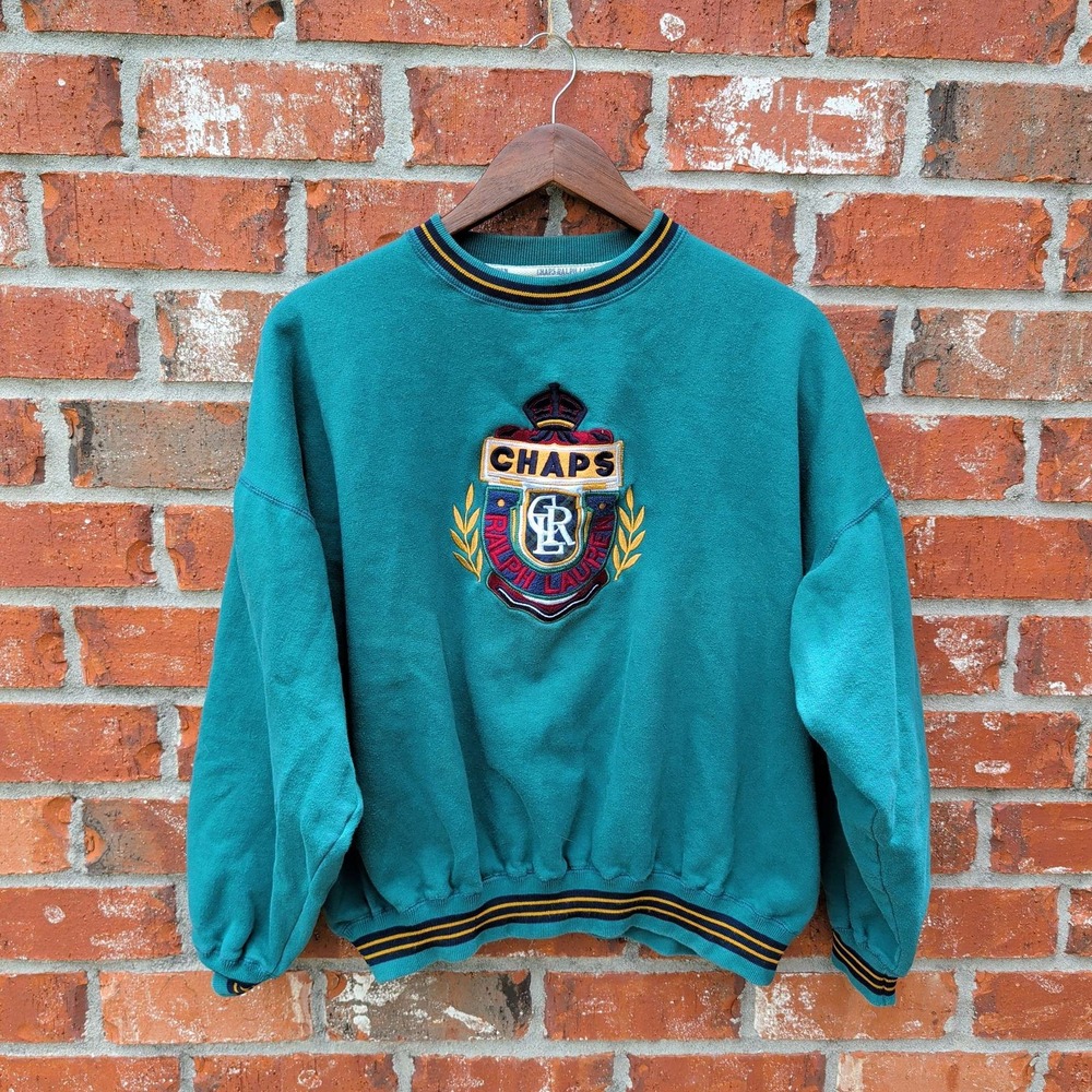 Chaps Ralph Lauren Sweatshirt Womens Large Teal Green Vintage Crest Embroidered